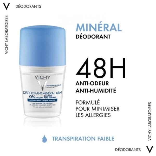 VICHY DEODORANT MINERAL 48H SANS SELS D'ALUMINIUM ROLL-ON 50ML – Image 2
