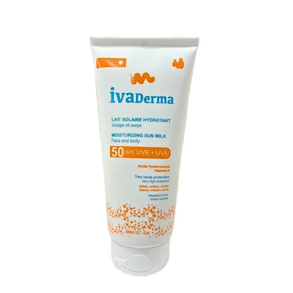 IVADERMA LAIT SOLAIRE HYDRATANT SPF 50+ ACIDE HYALURONIQUE VITAMINE E 200ML – Image 1